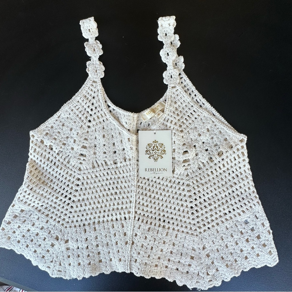 Rebellion Again Tank Top Womens M Ivory 100% Cotton Sleeveless Crochet